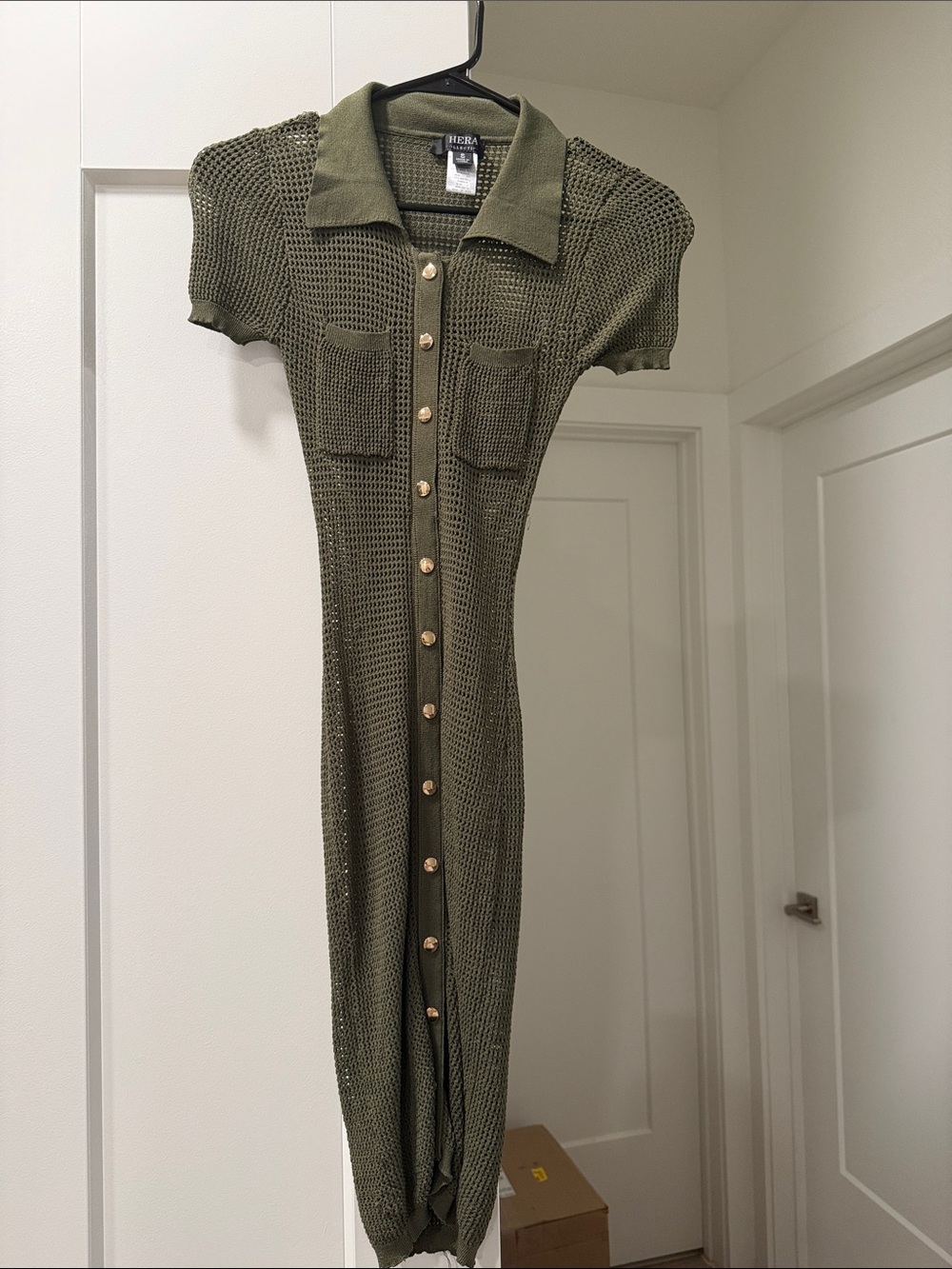 Hera Collection Olive Green Crochet Faux Button Maxi Dress